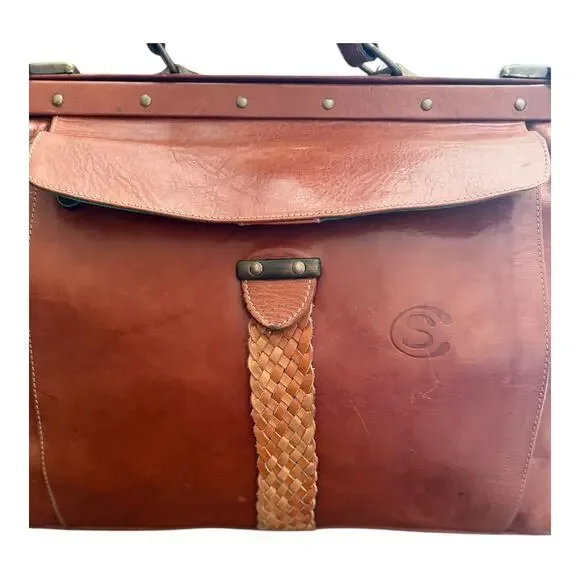 Vintage Brown Leather Satchel Tote Business Bag with Detachable Shoulder Strap - Picture 2 of 16